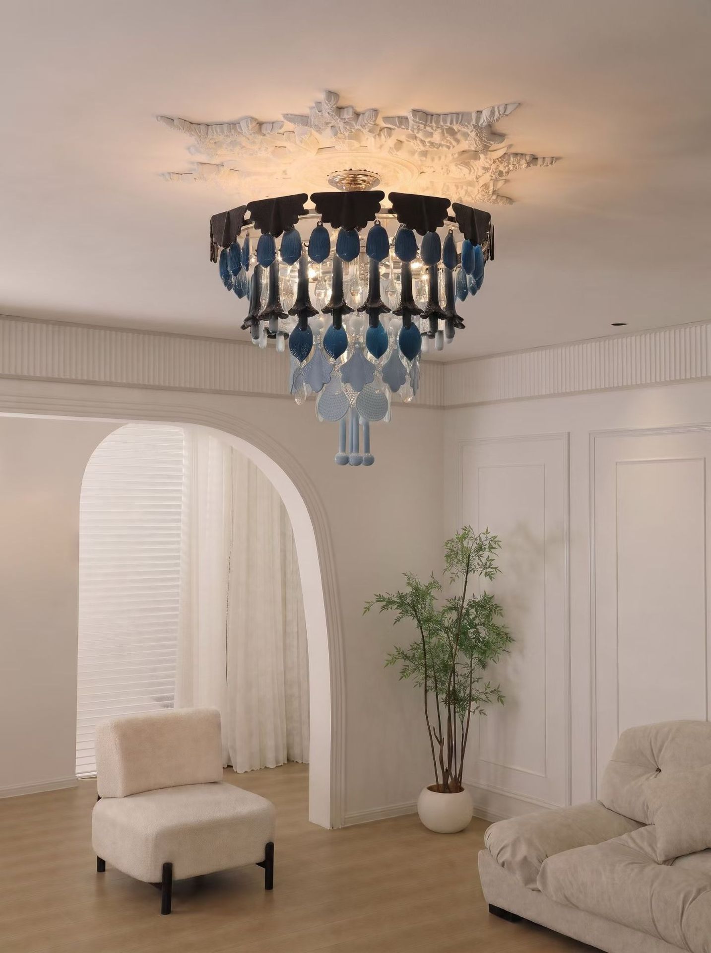 Ceramic tiered chandelier supplied by ShineSculpt, installed in a living room