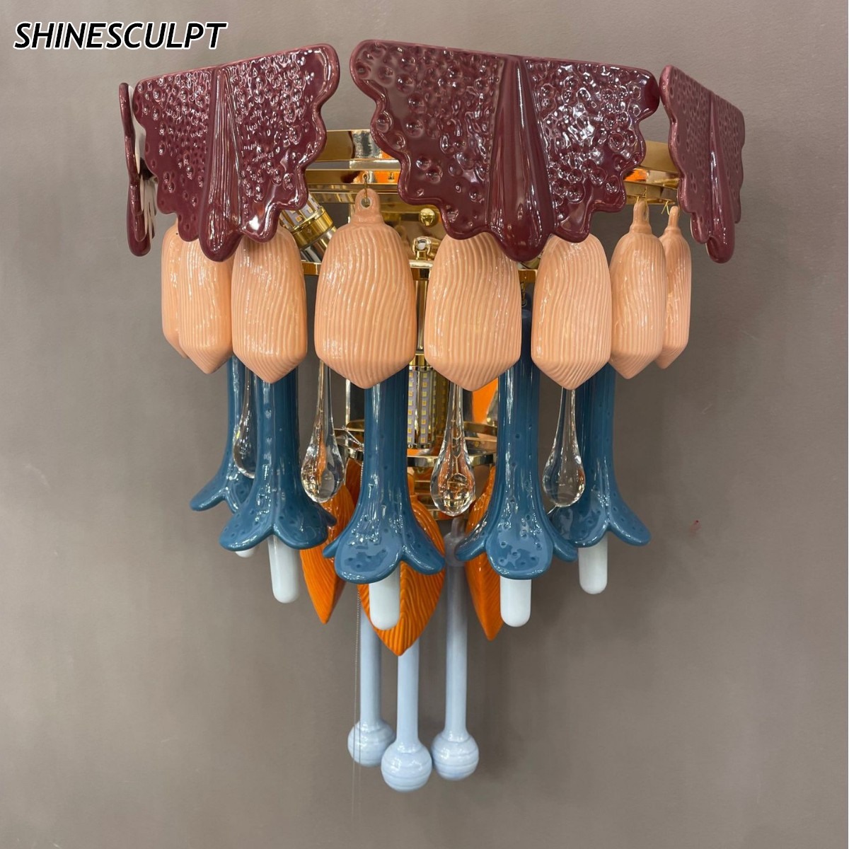Ceramic tiered chandelier HM-Fourseasons in multi-colour hand-glazed ceramic