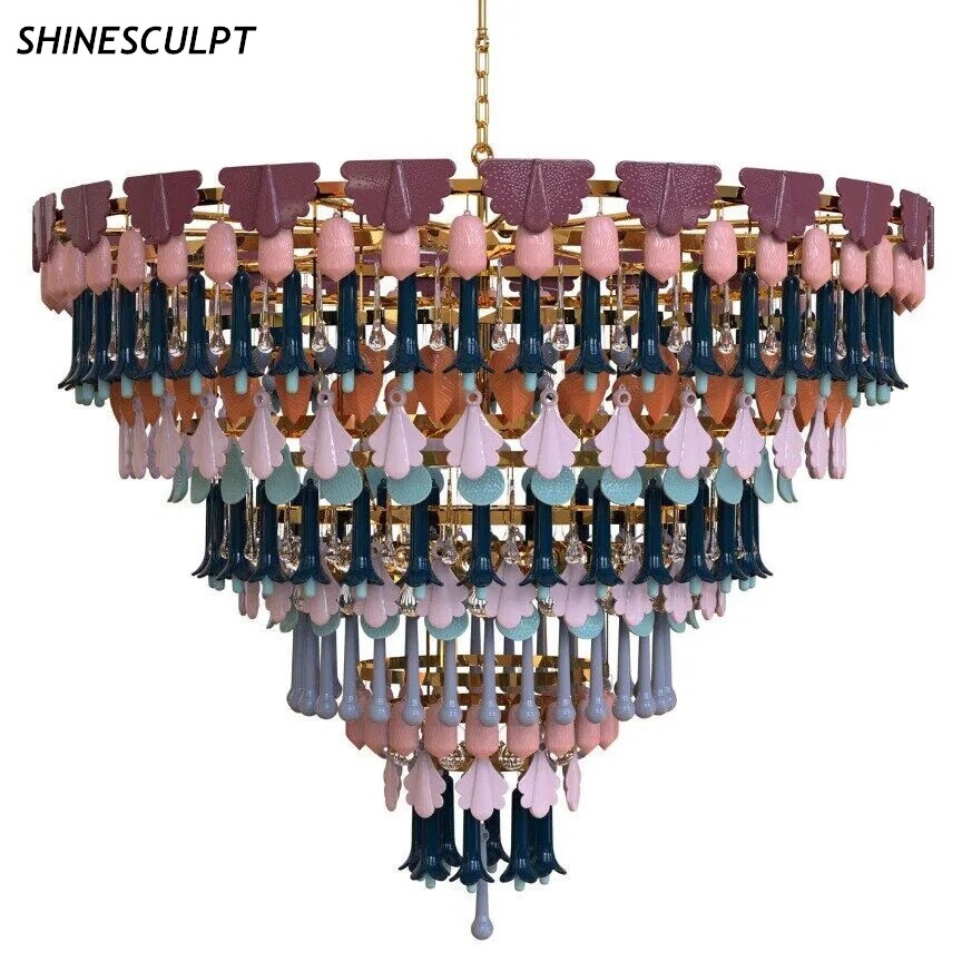 Ceramic tiered chandelier HM-Fourseasons in multi-colour hand-glazed ceramic