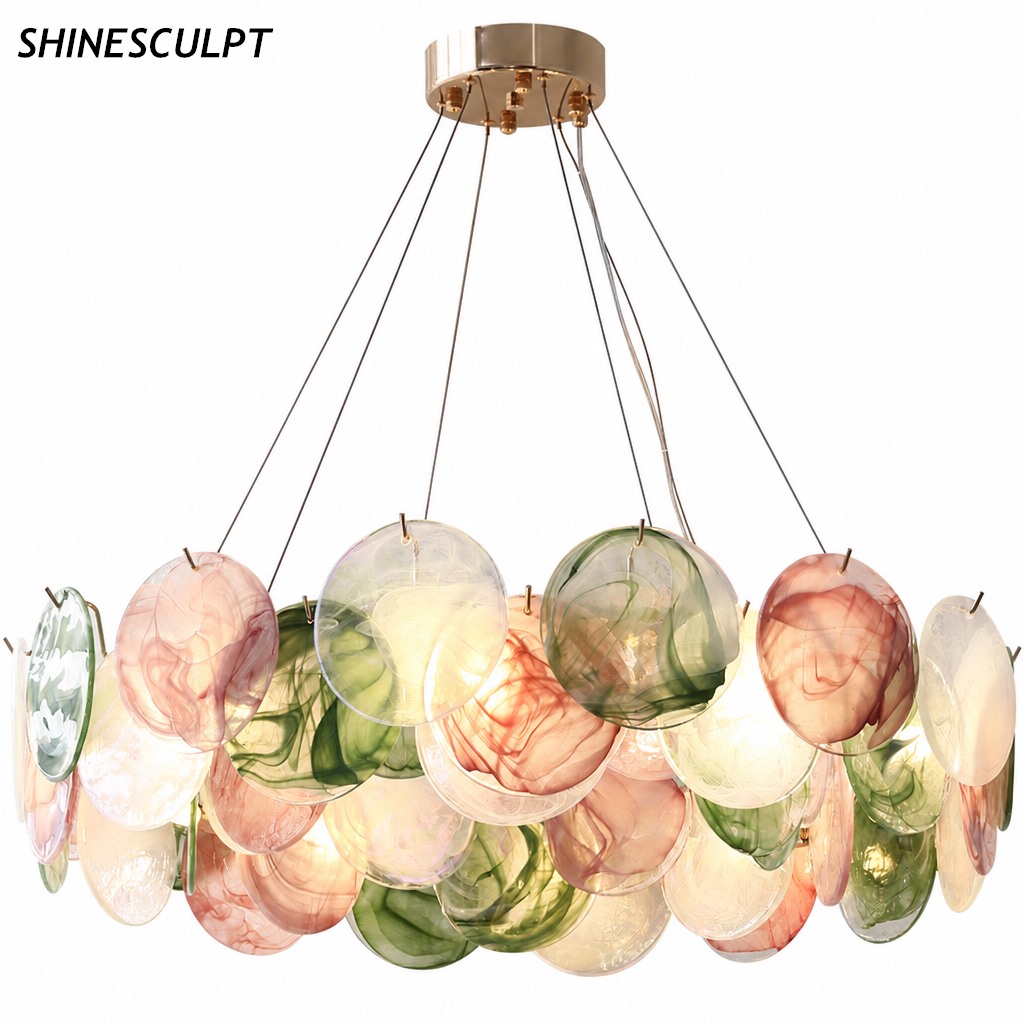 ShineSculpt handmade coloured art glass chandelier with petal glass discs - view 1