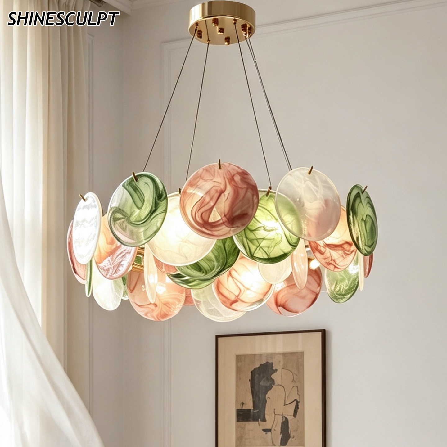 ShineSculpt handmade coloured art glass chandelier with petal glass discs - view 2
