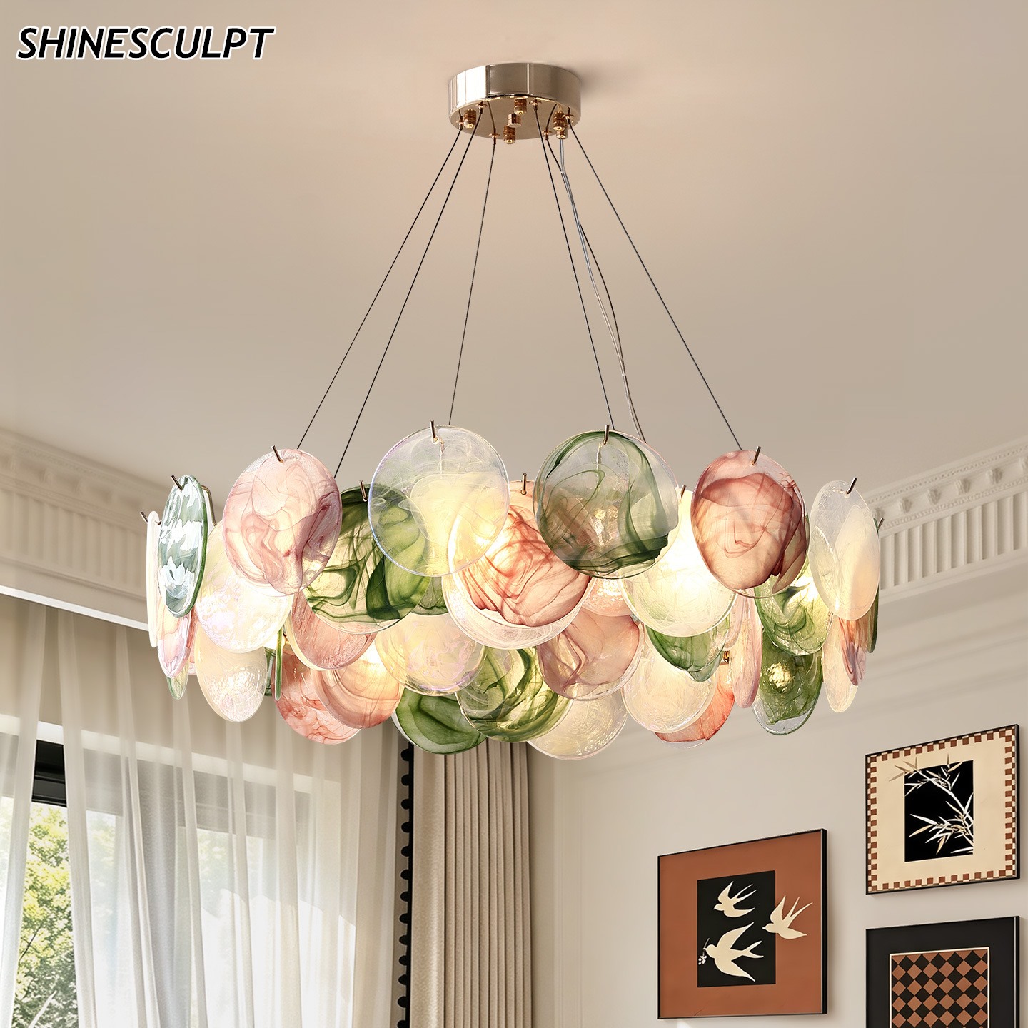 ShineSculpt handmade coloured art glass chandelier with petal glass discs - view 3
