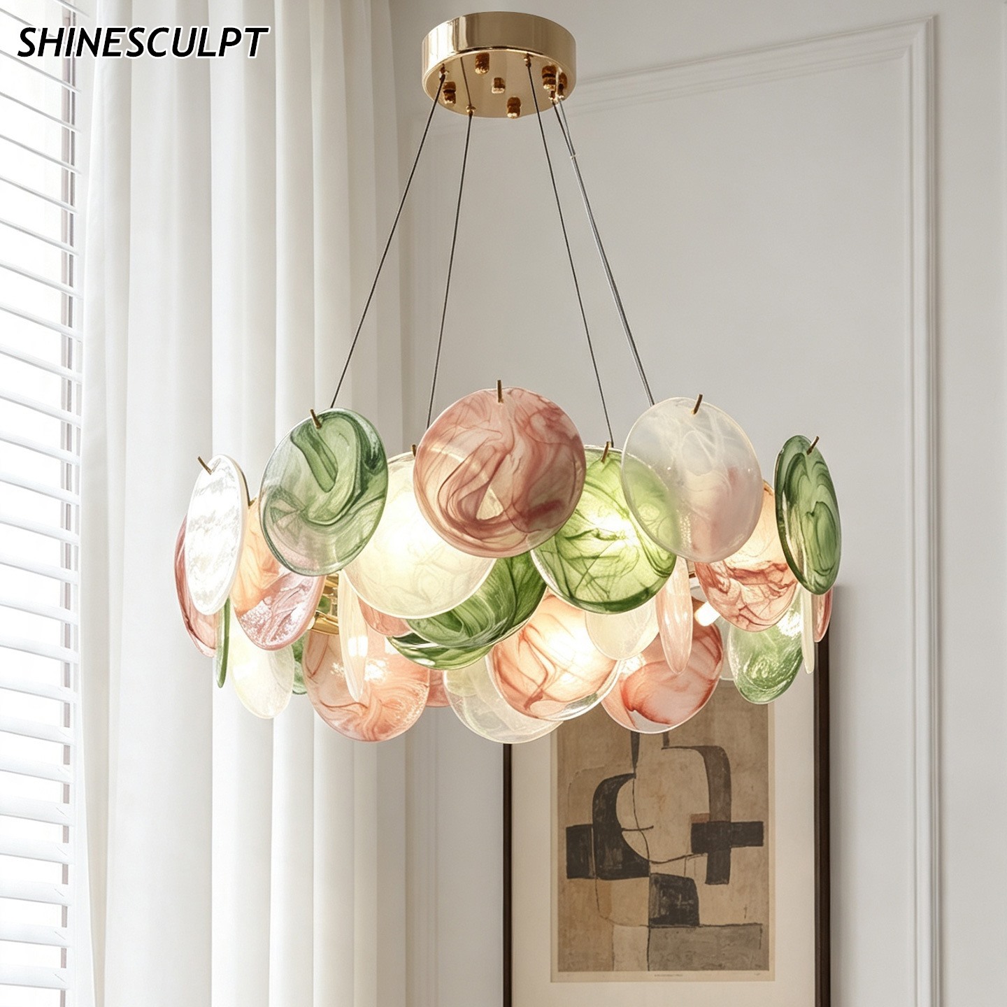 ShineSculpt handmade coloured art glass chandelier with petal glass discs - view 5