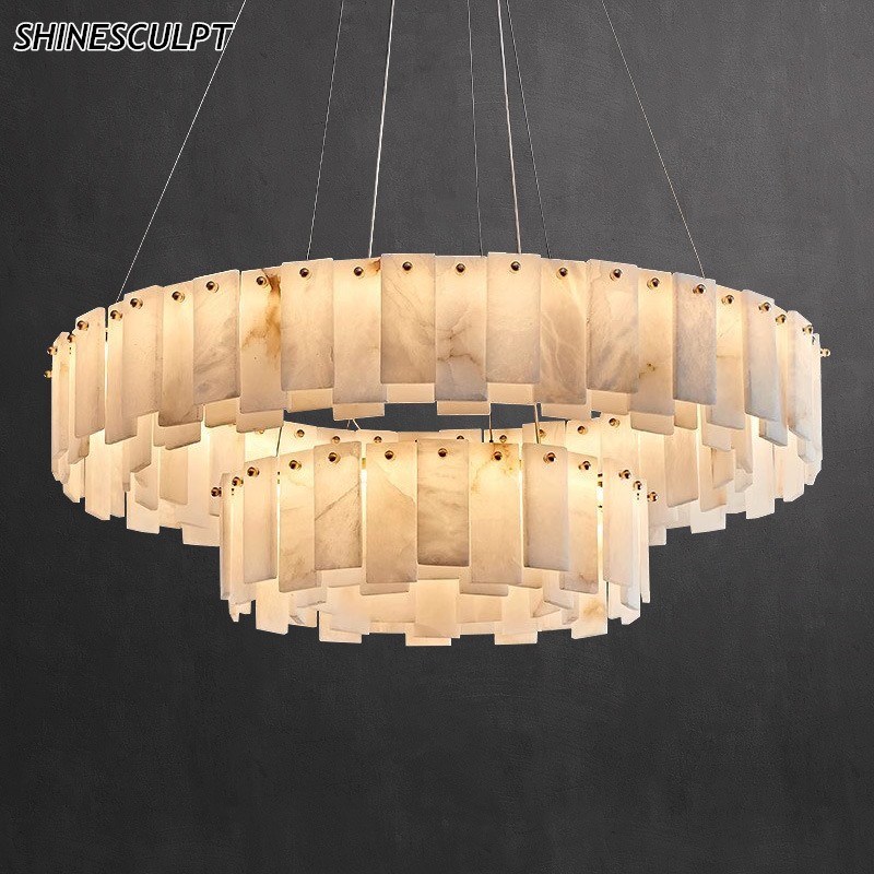 Natural Marble & Brass Pendant Light - Round or Linear, D45 to D100 cm