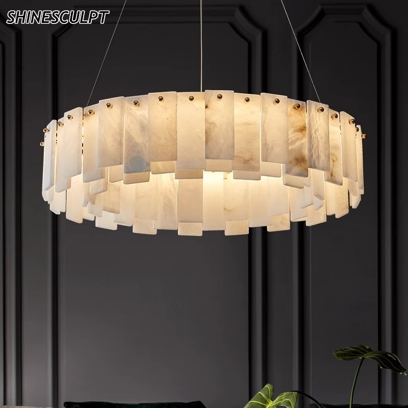 Natural Marble & Brass Pendant Light - Round or Linear, D45 to D100 cm