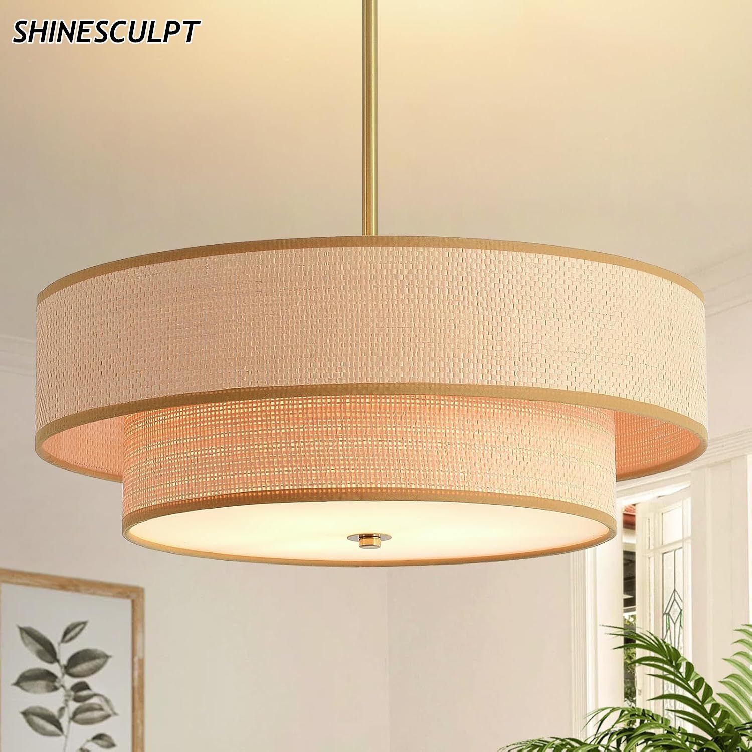 ShineSculpt double-tier woven rattan drum pendant light with brass pole - view 2