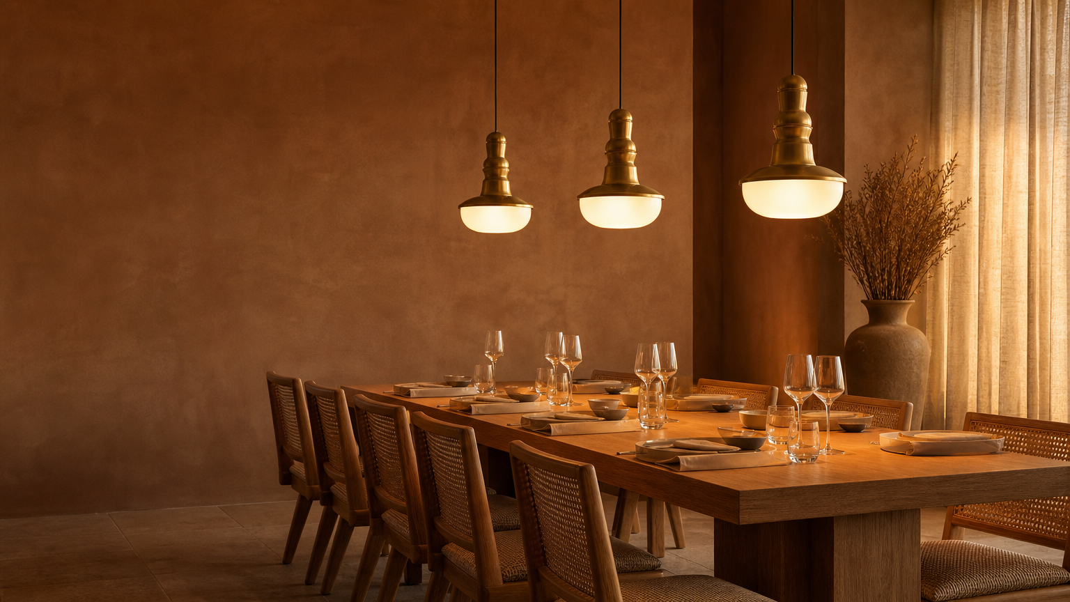 ShineSculpt hero – restaurant with brass pendant lights Three brass pendant lights over tables in a warm restaurant interior