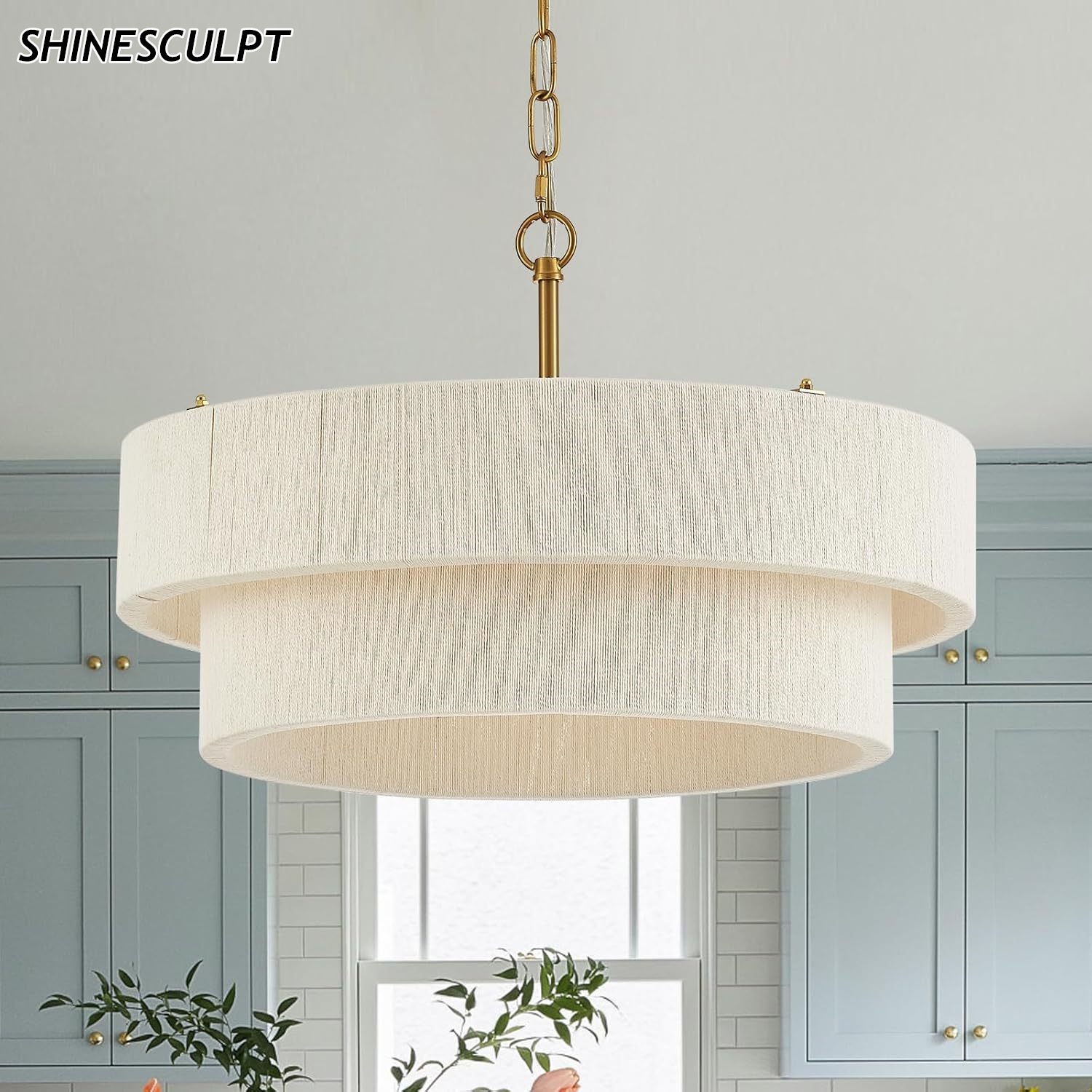 ShineSculpt two-tier hand-woven drum pendant light with brass chain - view 2