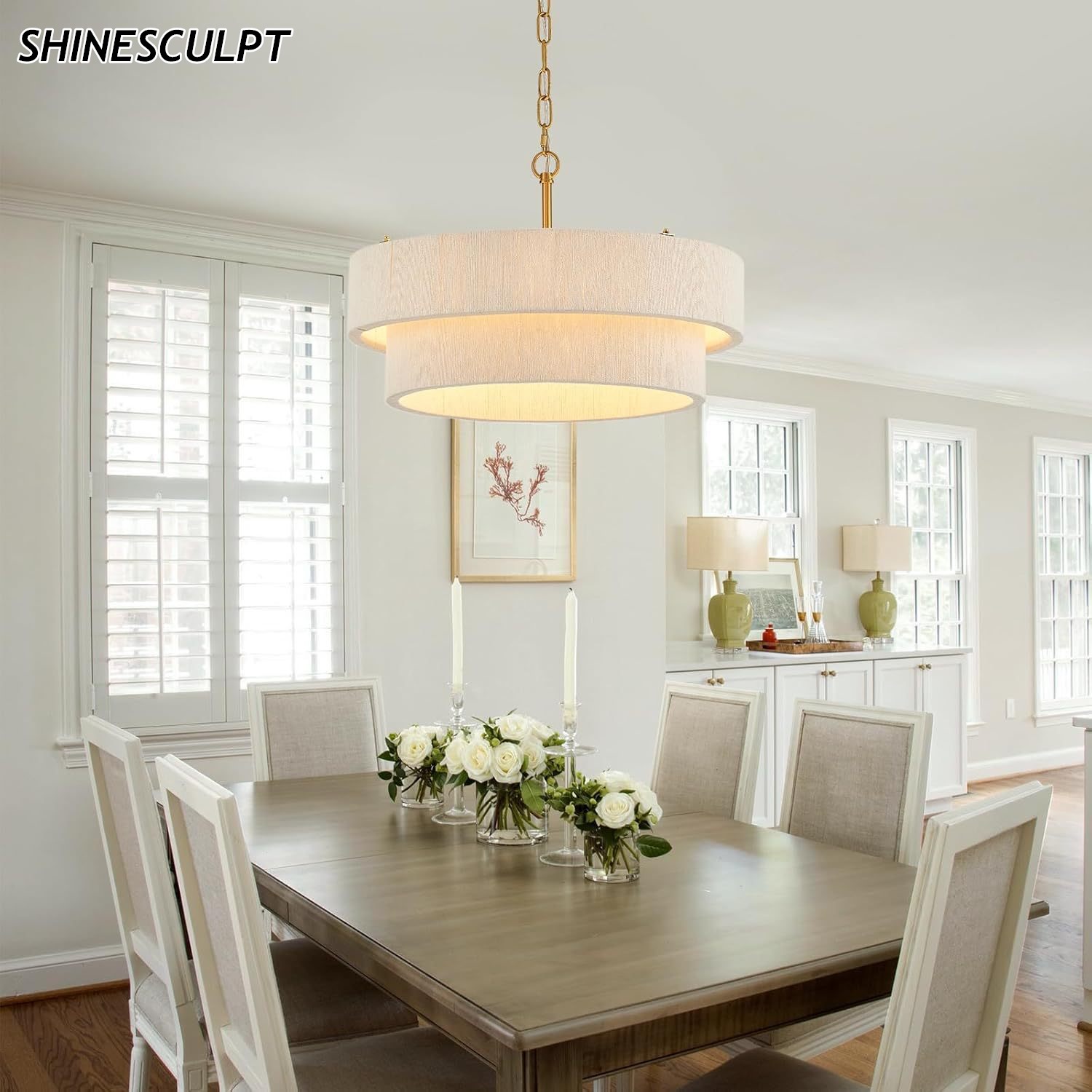 ShineSculpt two-tier hand-woven drum pendant light with brass chain - view 3
