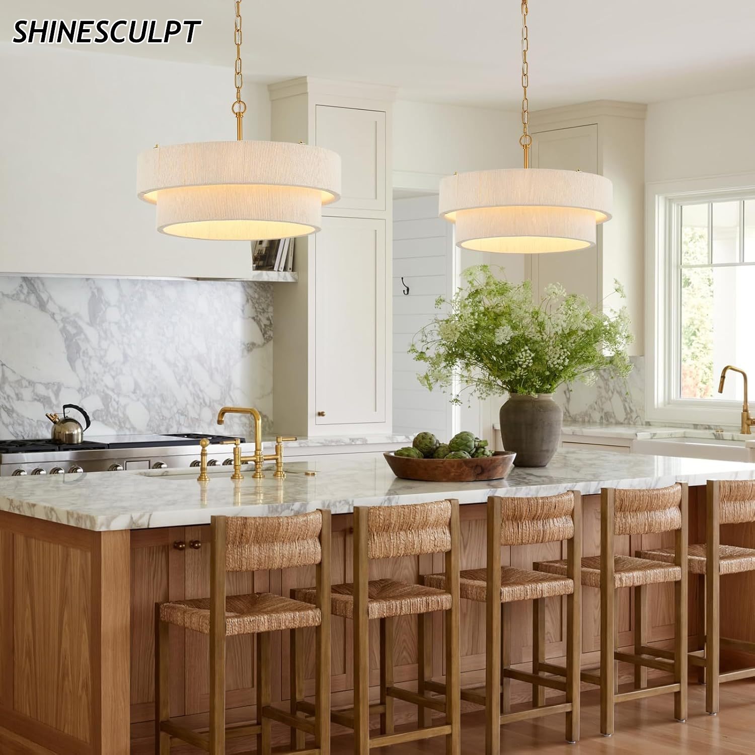 ShineSculpt two-tier hand-woven drum pendant light with brass chain - view 4