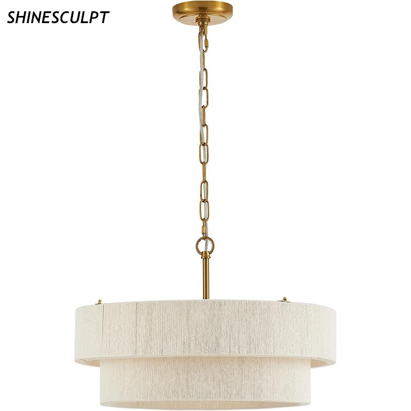 ShineSculpt two-tier hand-woven drum pendant light with brass chain - view 5