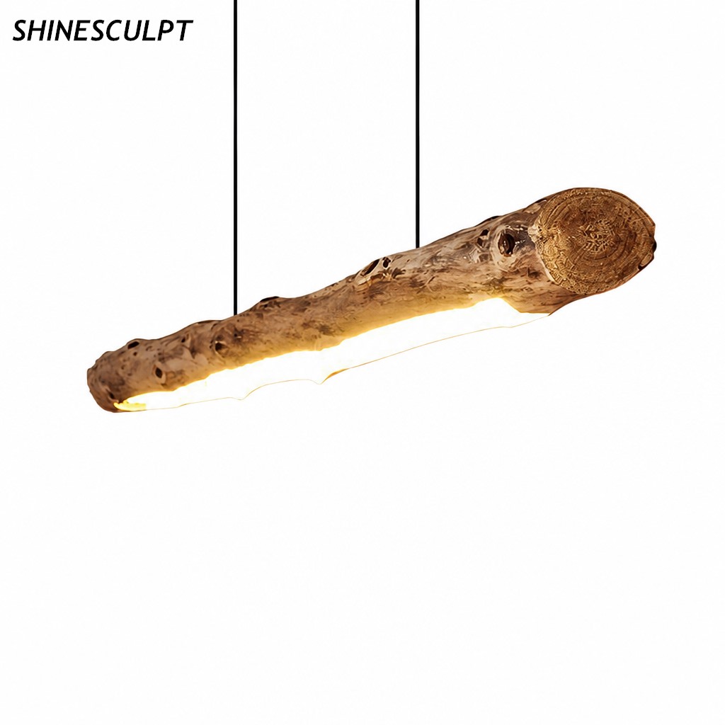 Wabi-sabi solid wood log pendant light with an illuminated underside, linear fixture for dining and kitchen islands - ShineSculpt