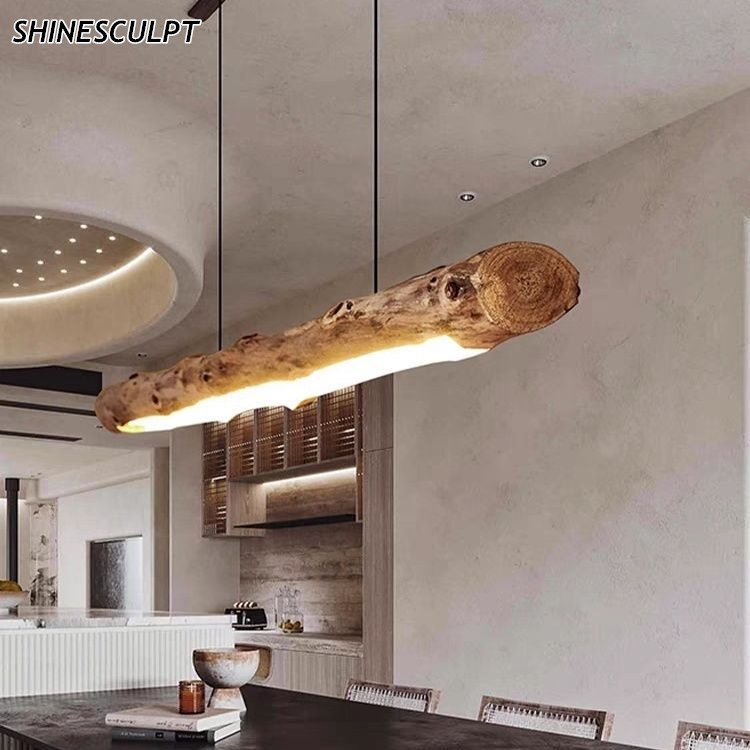 Solid wood log pendant light with recessed LED strip