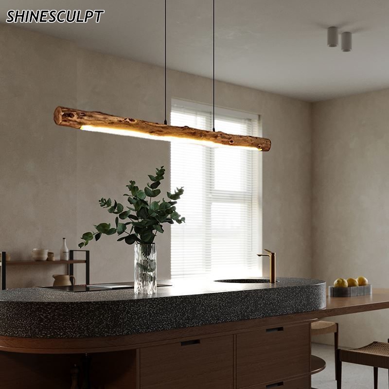 Solid wood log pendant light with recessed LED strip