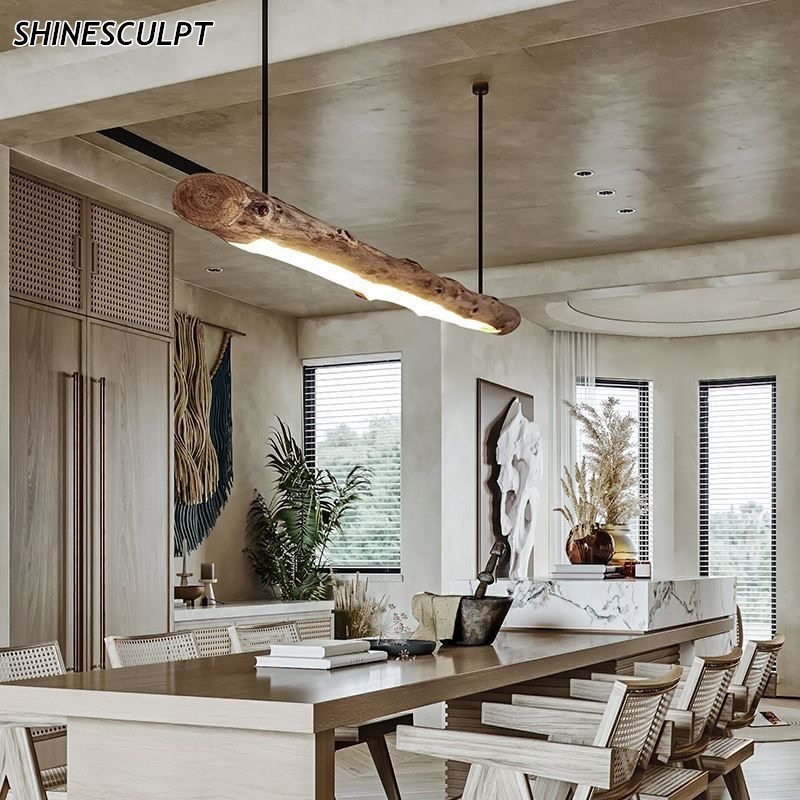 Solid wood log pendant light with recessed LED strip
