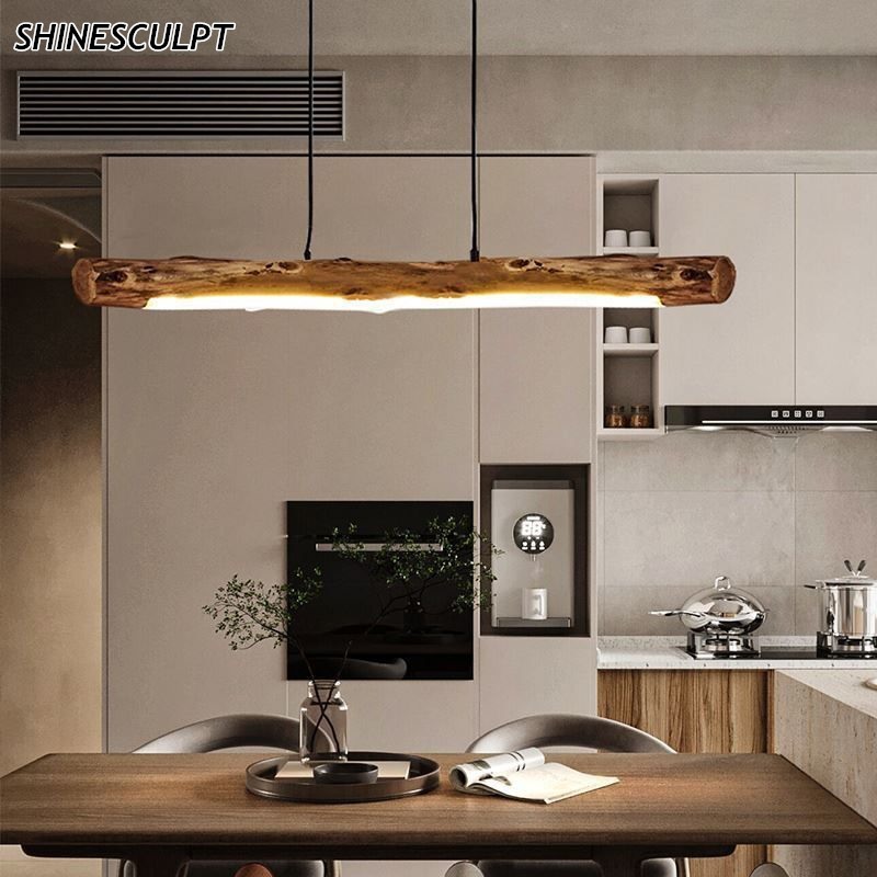 Solid wood log pendant light with recessed LED strip