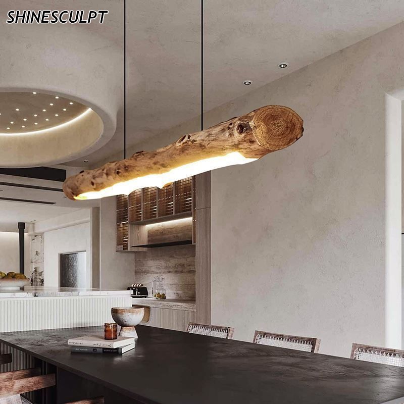 Solid wood log pendant light with recessed LED strip