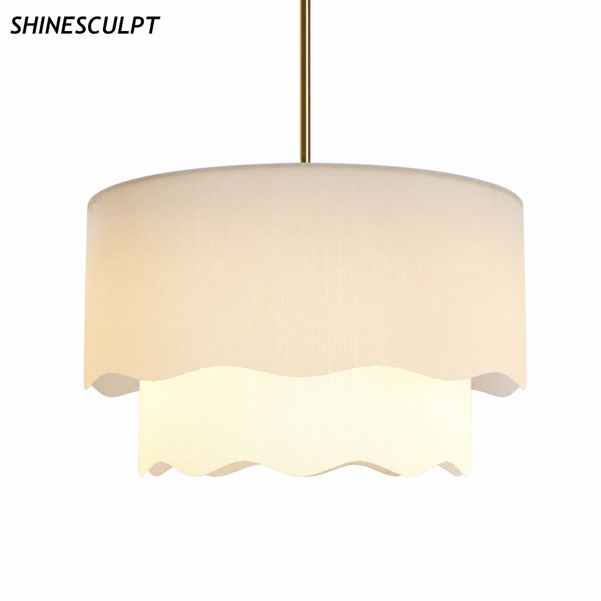 ShineSculpt white scalloped linen drum pendant light on a brass pole - view 1