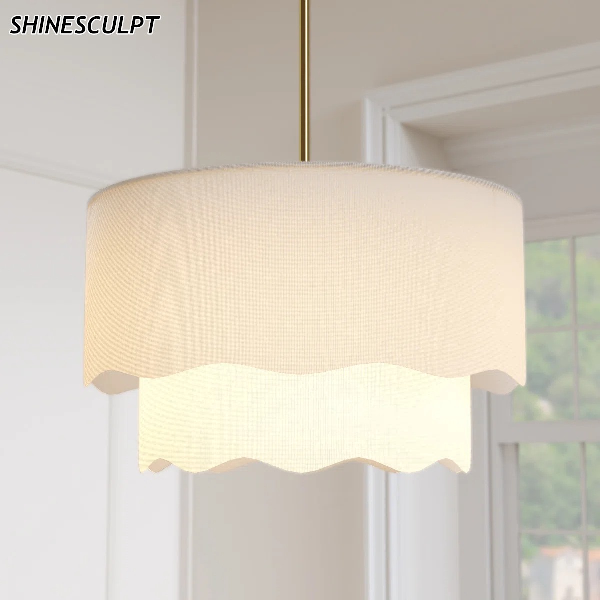 ShineSculpt white scalloped linen drum pendant light on a brass pole - view 2