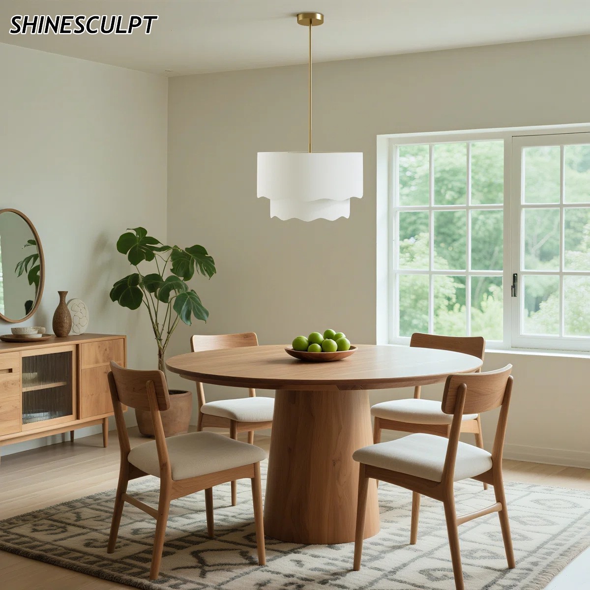 ShineSculpt white scalloped linen drum pendant light on a brass pole - view 3