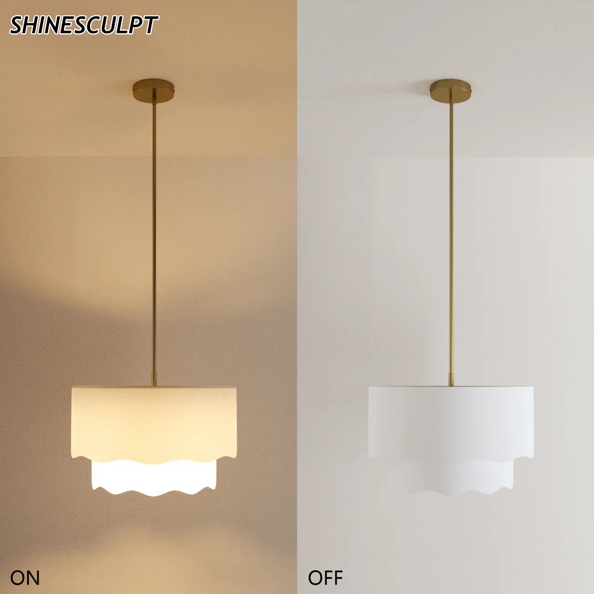 ShineSculpt white scalloped linen drum pendant light on a brass pole - view 4